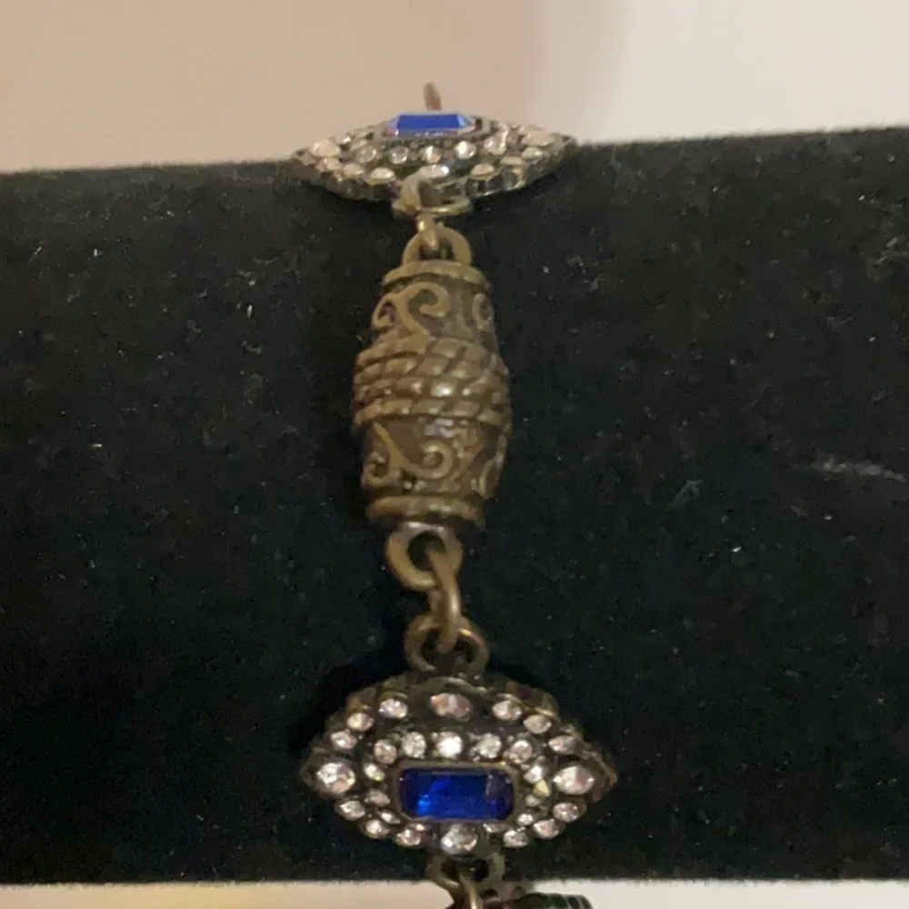 Hand Crafted Bracelet Blue Crystals Clear Rhinestones Bronze Magnetic Clasp